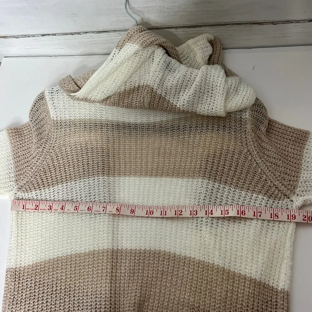 POL Tan Ivory Striped Long Knit Hooded Cardigan Sweater Open Front Size Small